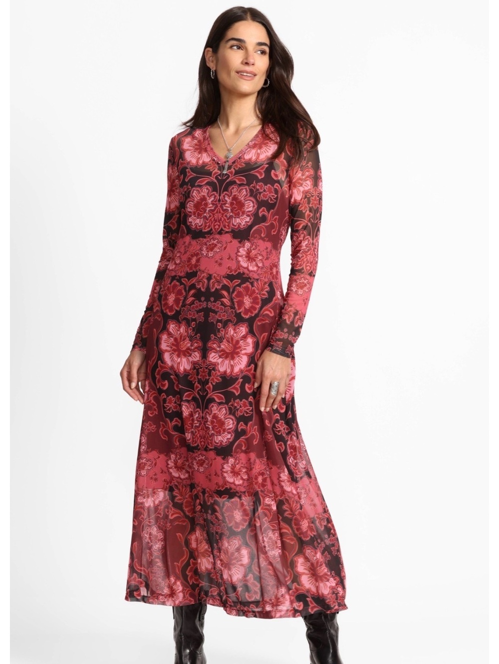 Johnny Was Red Floral Mesh Long Sleeve Maxi Dress